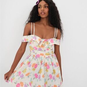 For Love And Lemons Pink and Yellow Off-Shoulder Mini Dress